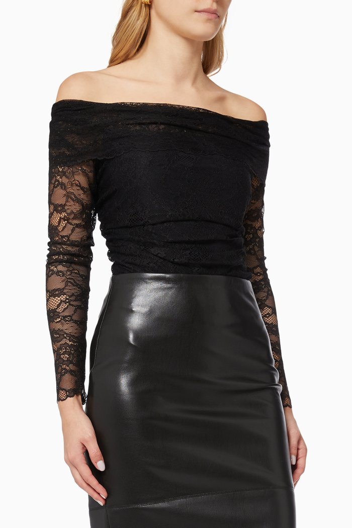 Milo Off Shoulder Bodysuit in Lace, Black