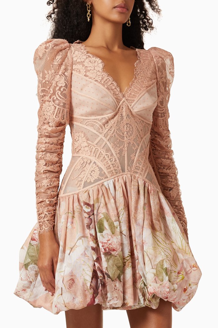 

Dancer Lace Mini Dress in Silk-linen Organza, Pink