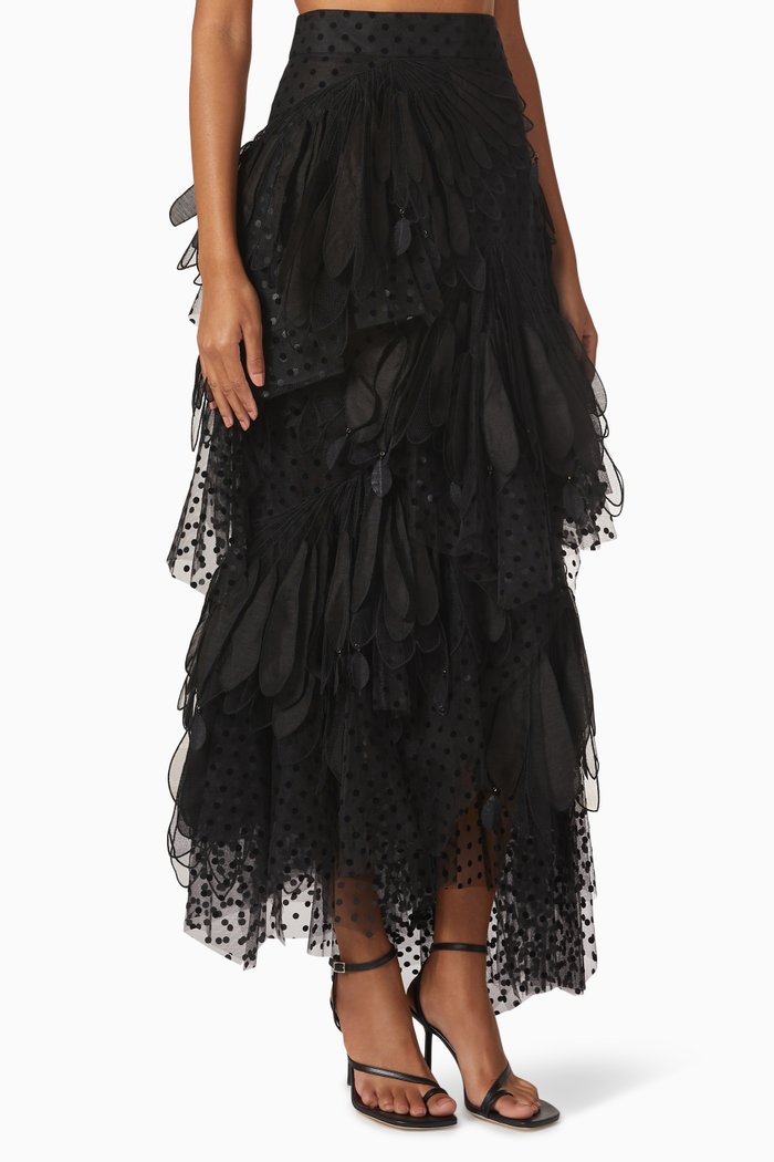 

Rhythmic Feather Midi Skirt in Flock Dot Tulle, Black