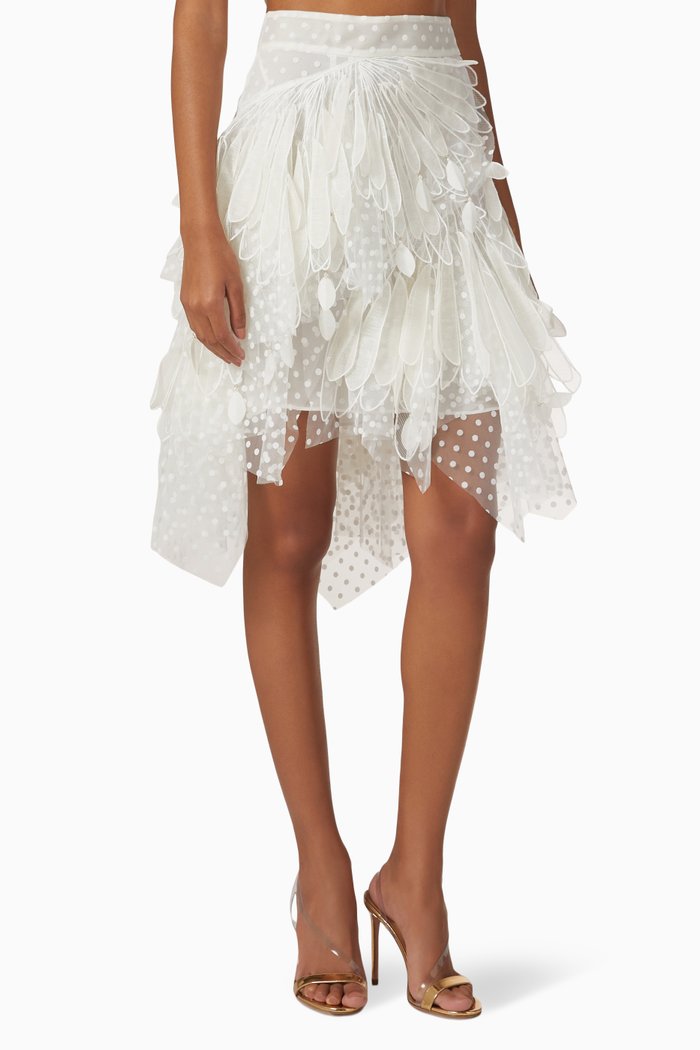 

Rhythmic Feather Mini Skirt in Flock Dot Tulle, Neutral