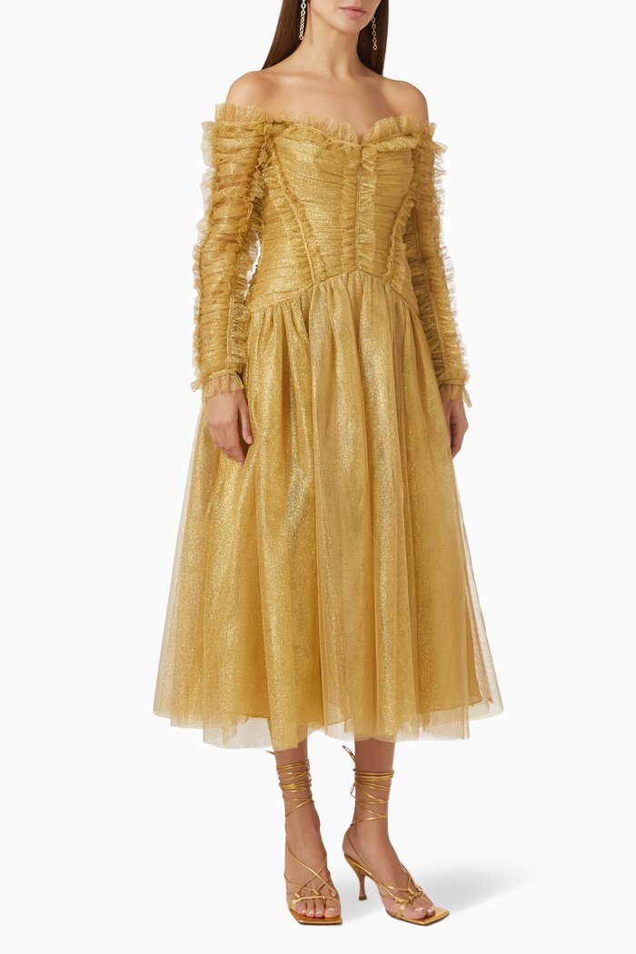 

Prima Off Shoulder Midi Dress in Metallic Tulle, Gold
