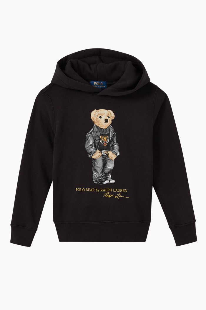 Bear Print Hoodie in Cotton, Black