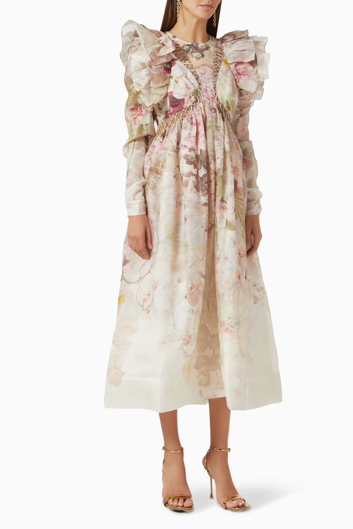 

Dancer Laced Midi Dress in Silk-linen Organza, Multicolour