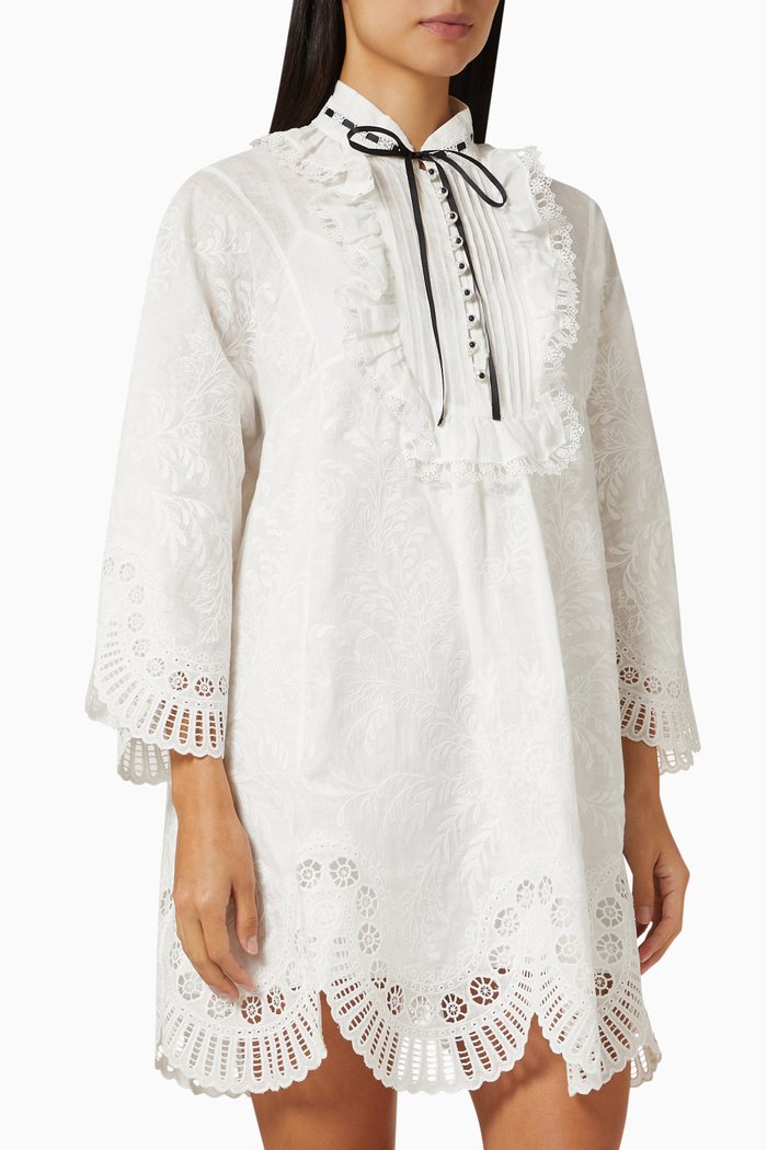

Dancer Tie Neck Mini Dress in Linen, White