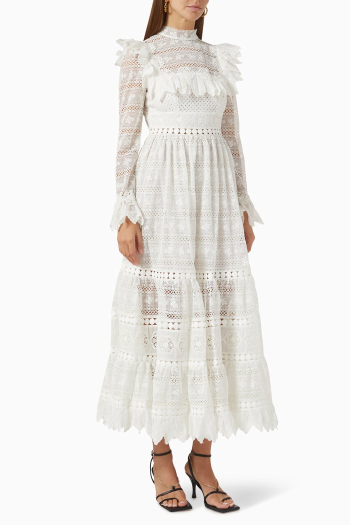 

Prima Insert Trim Midi Dress in Lace, White