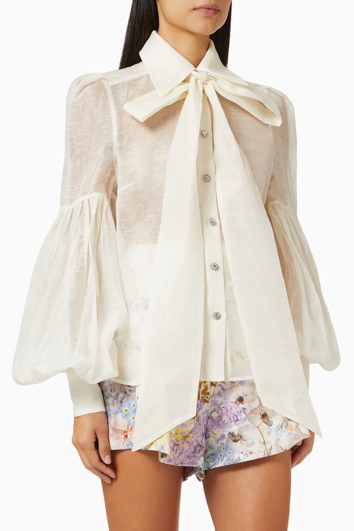 

Dancer Tie Neck Blouse in Linen, White