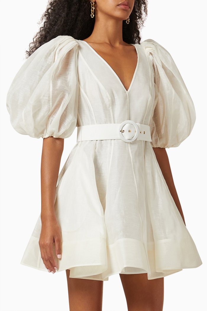 

Dancer Panelled Puff Sleeve Mini Dress in Linen Blend, Neutral