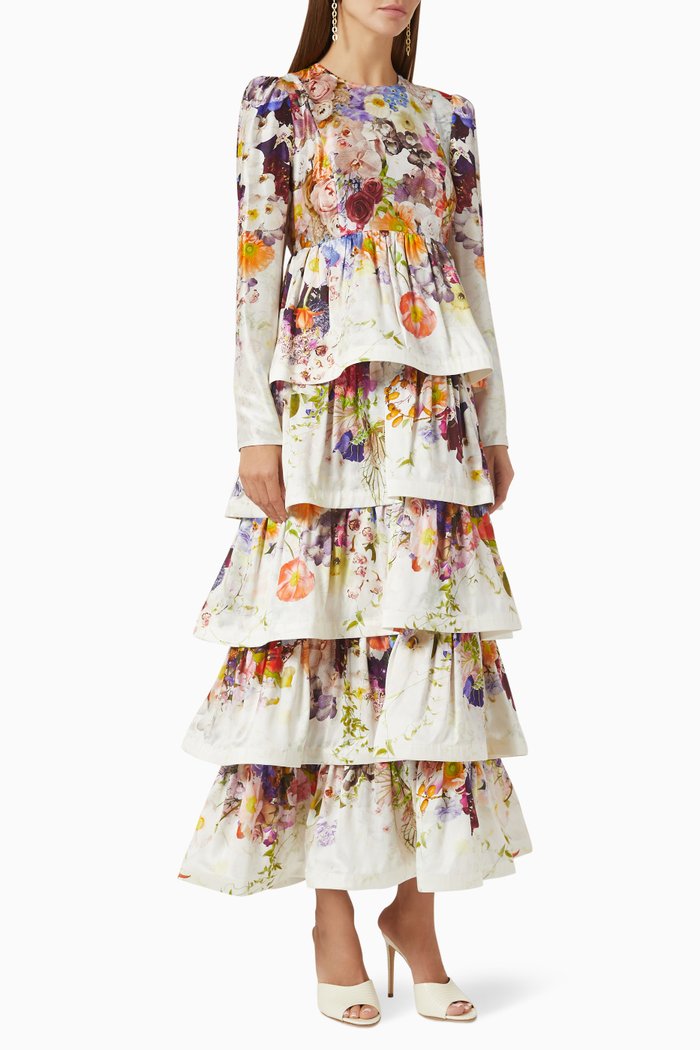 

Prima Floral Tiered Midi Dress in Silk, Multicolour