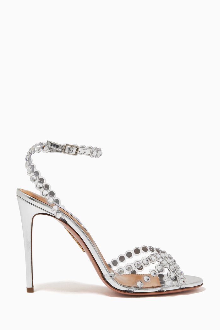 

Tequila Heel Sandals in Plexi & Leather, Silver
