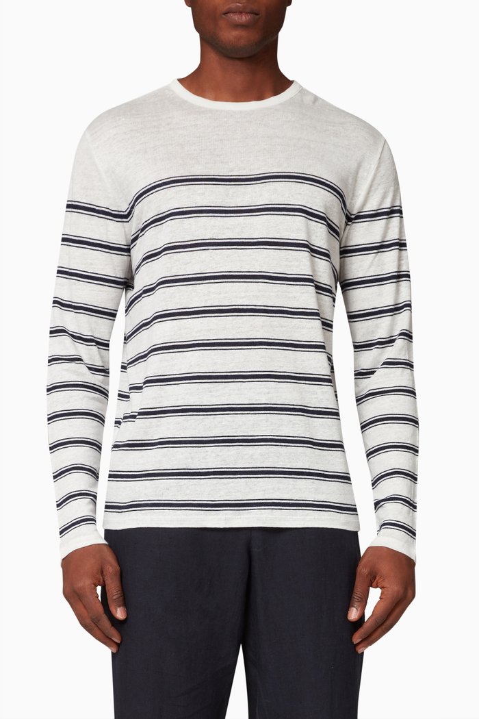 

Striped Long Sleeve T-Shirt in Linen, White