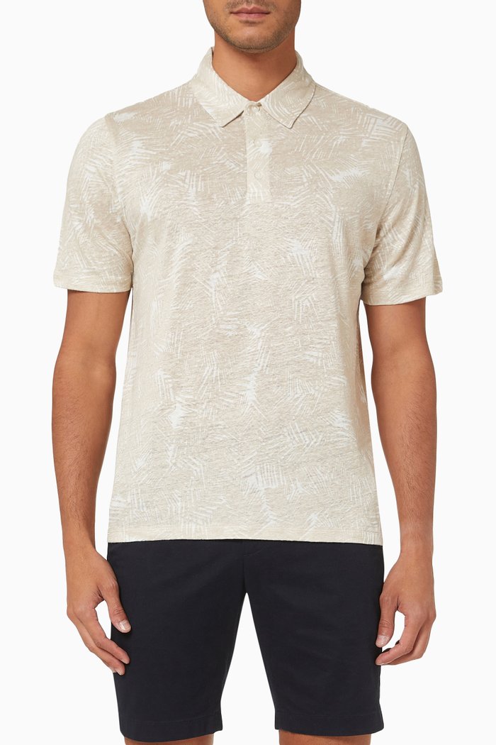 

Palm Print Short Sleeve Polo in Linen, Neutral