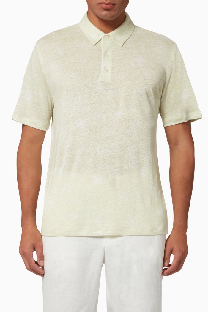 

Palm Print Short Sleeve Polo in Linen, White
