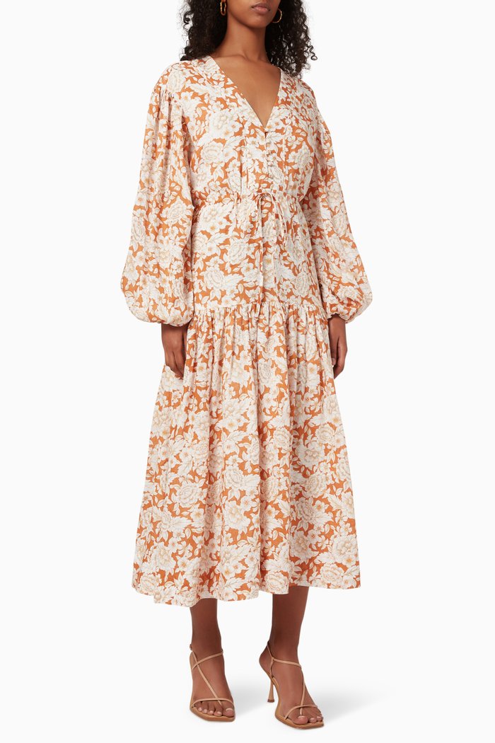 Balloon Sleeve Drawstring Dress in Linen, Orange