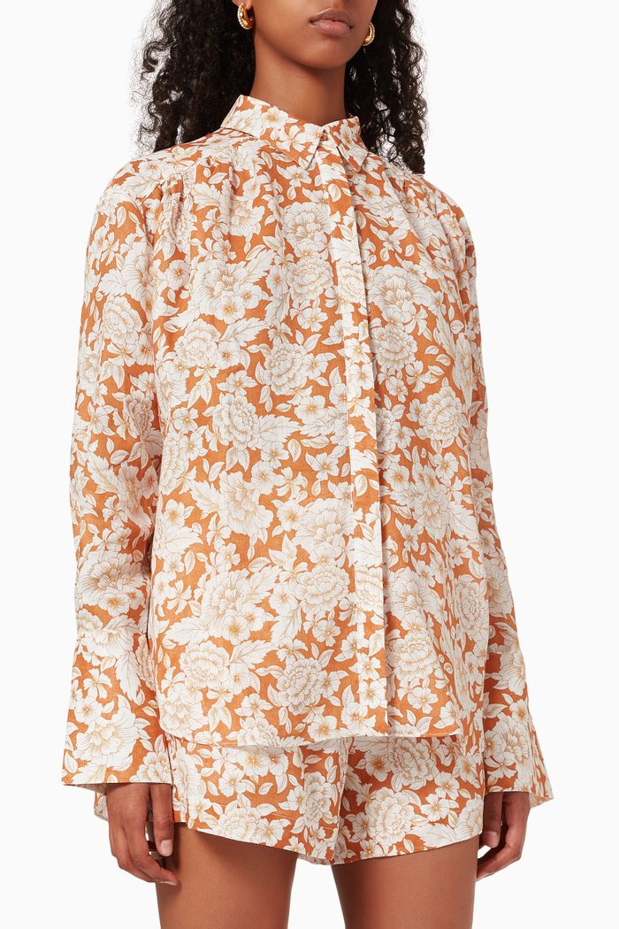 

Long Sleeve Button Up Shirt in Linen, Orange