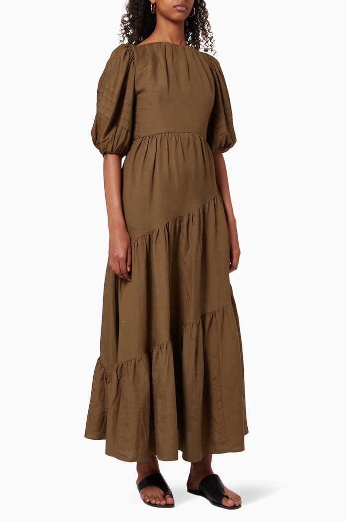 

Juliana Open Back Midi Dress in Linen, Brown