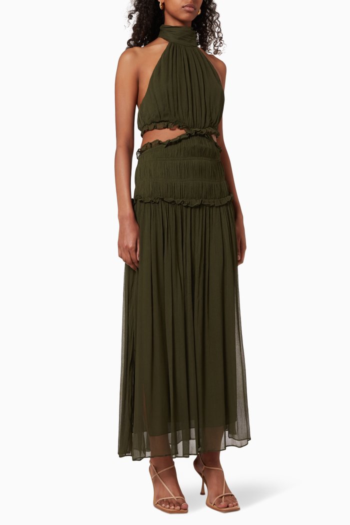 

Safira Cut Out Midi Dress in Chiffon, Brown