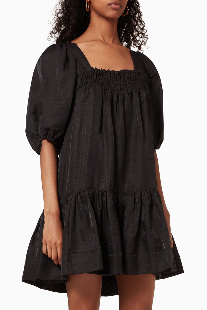 

Bruna Square Neck Shirred Mini Dress in Linen, Black