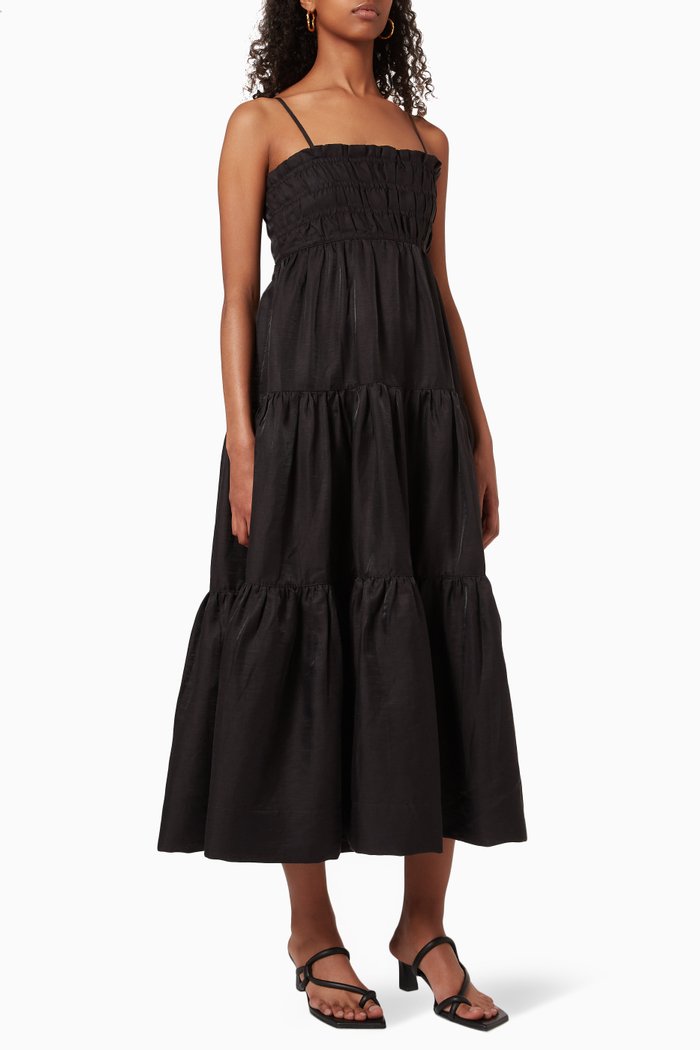 

Bruna Open Back Shirred Midi Dress in Linen, Black