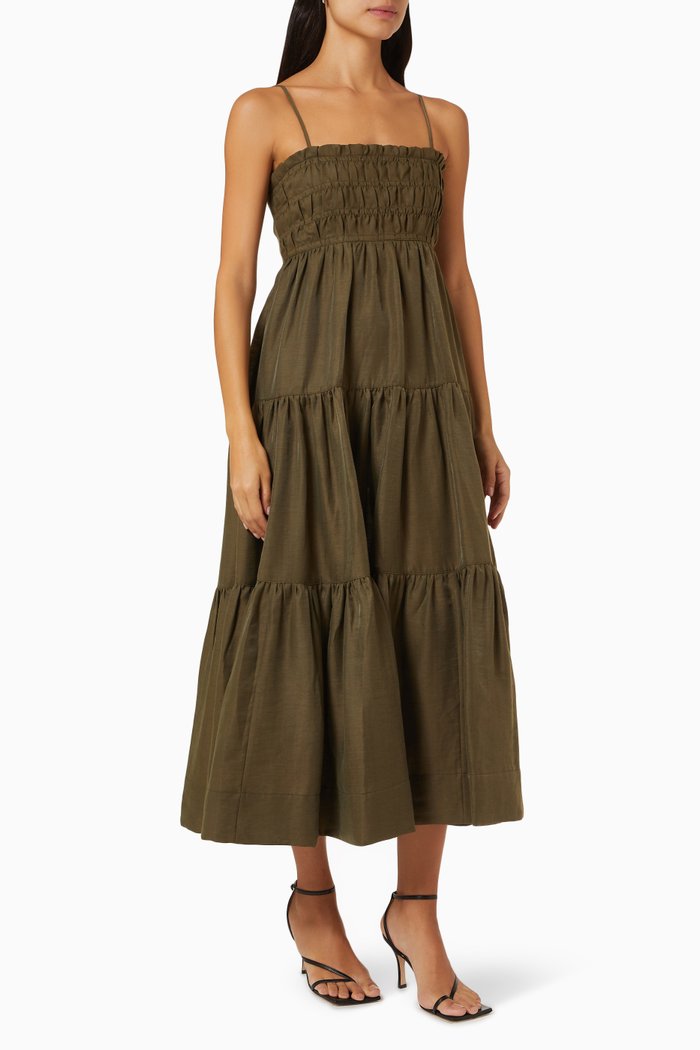 

Bruna Open Back Shirred Midi Dress in Linen, Brown