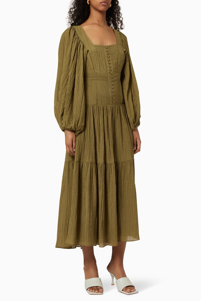 Mila Square Neck Midi Dress in Linen, Brown