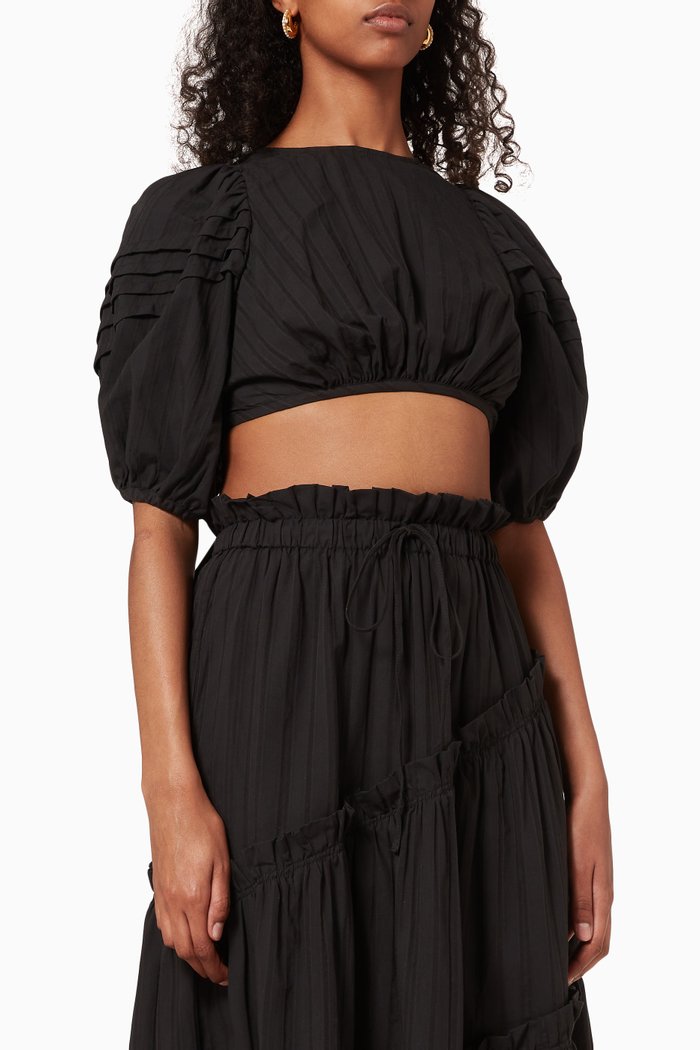 

Ella Short Sleeve Tie Back Crop Top in Cotton, Black
