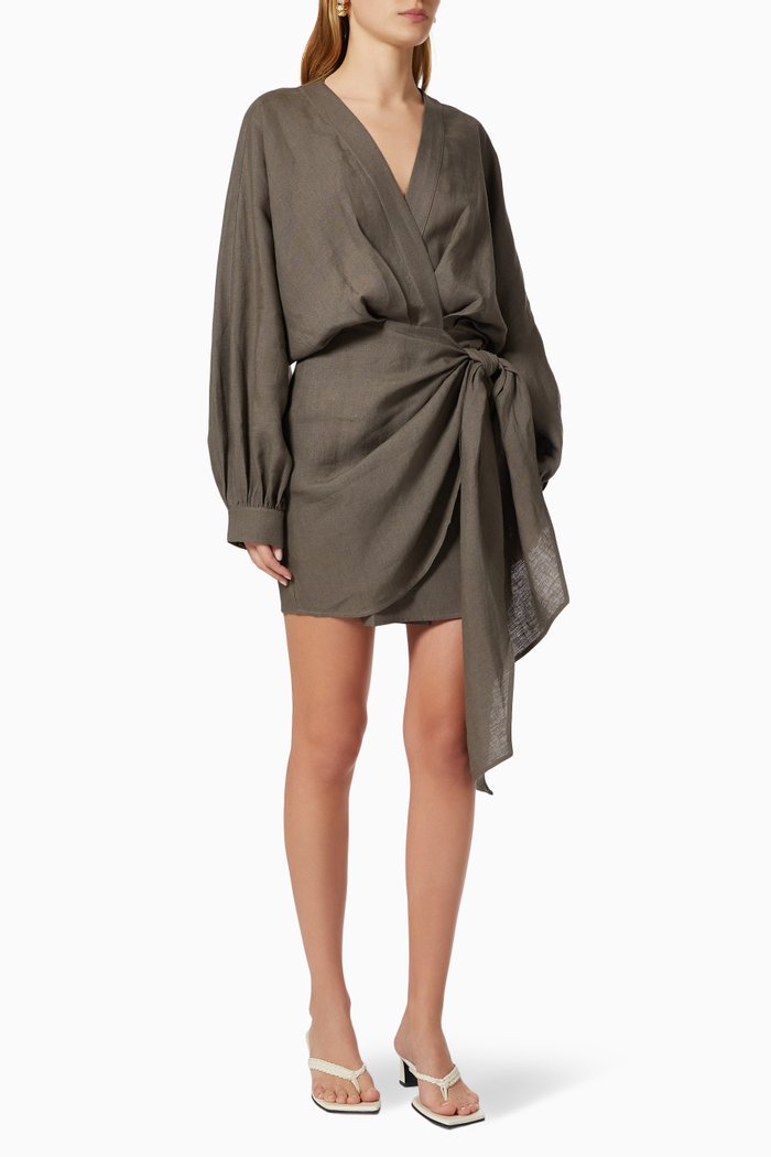 

Peony Wrap Dress in Linen, Grey