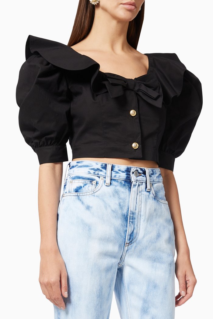 

Bow Cropped Top in Cotton Poplin, Black
