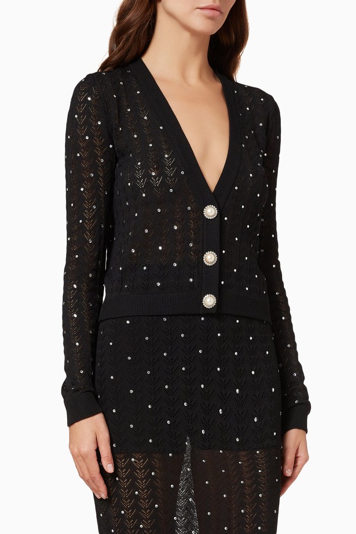 

Crystal Embellished Cardigan in Knit Lace, Black