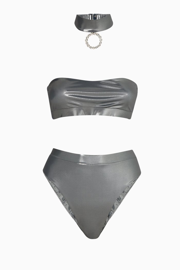 Choker Bikini Set in Laminated Lycra, Grey