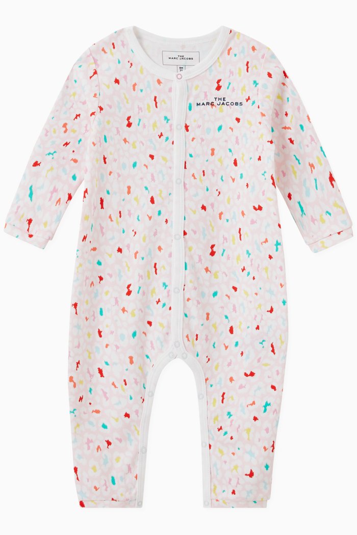 

Graphic All-Over Print Long Sleeve Romper in Cotton, Pink