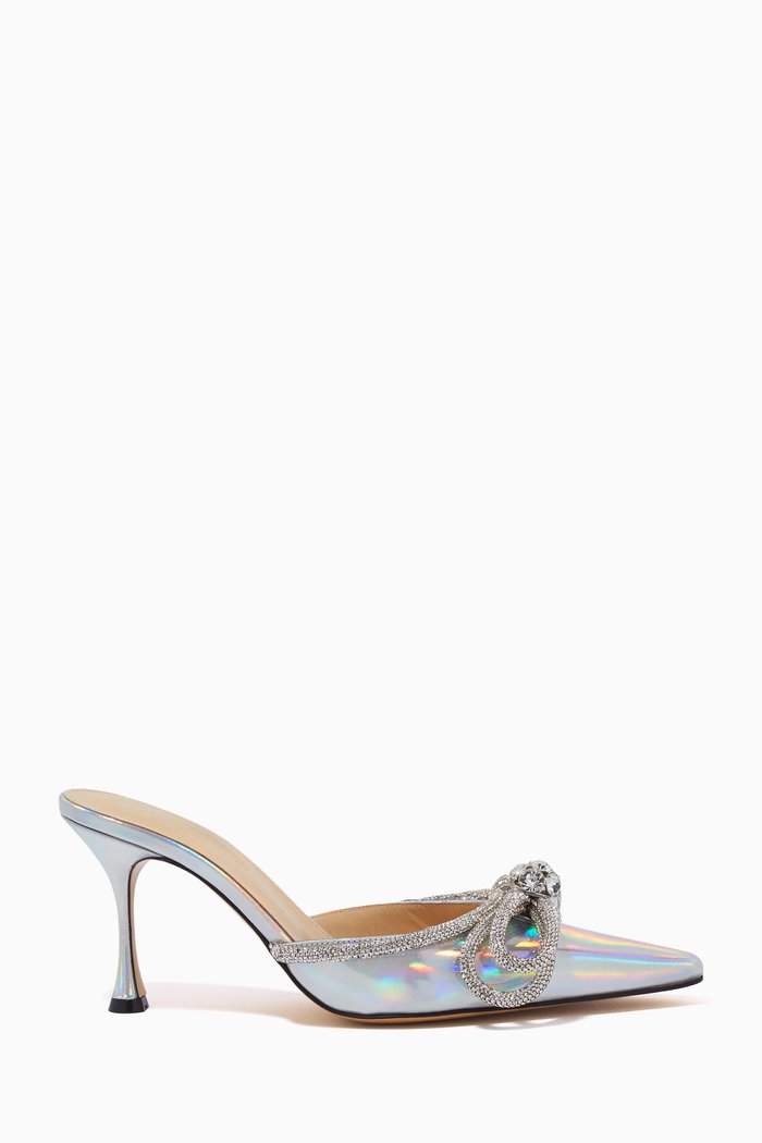 

Double Bow Crystal Mules in Leather, Silver