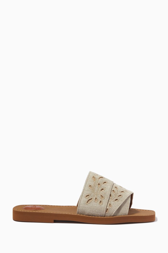

Woody Flat Mules in Embroidered Linen & Calfskin, Neutral