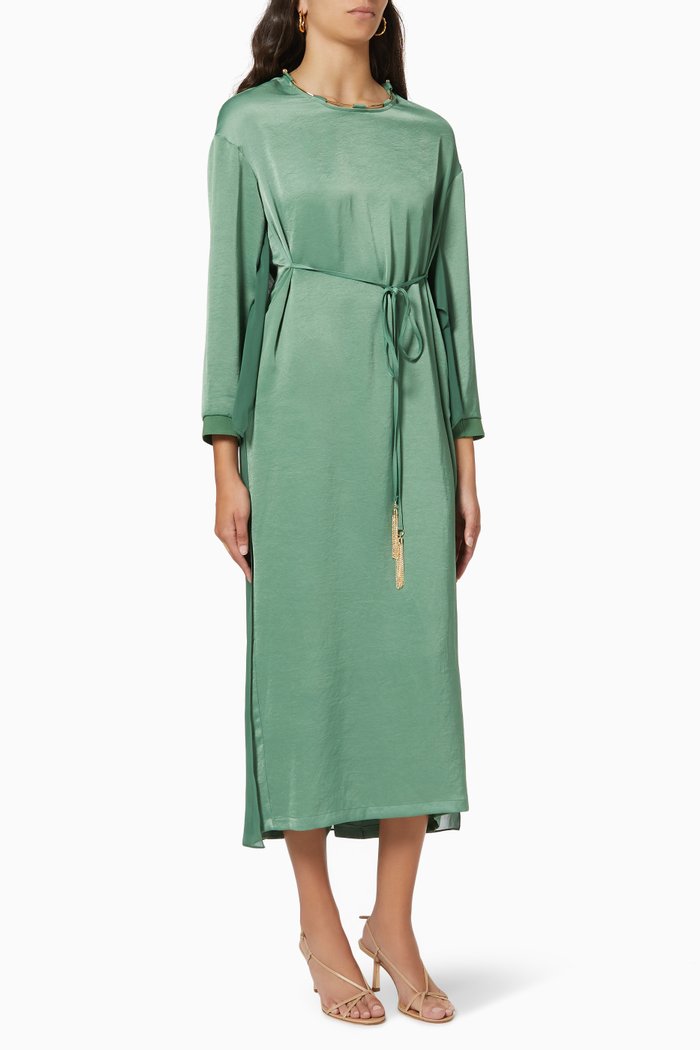 Long Sleeve Belted Dress, Green
