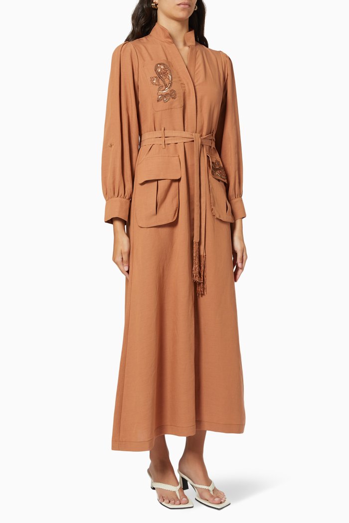 

Embellished Belted Dress, Brown