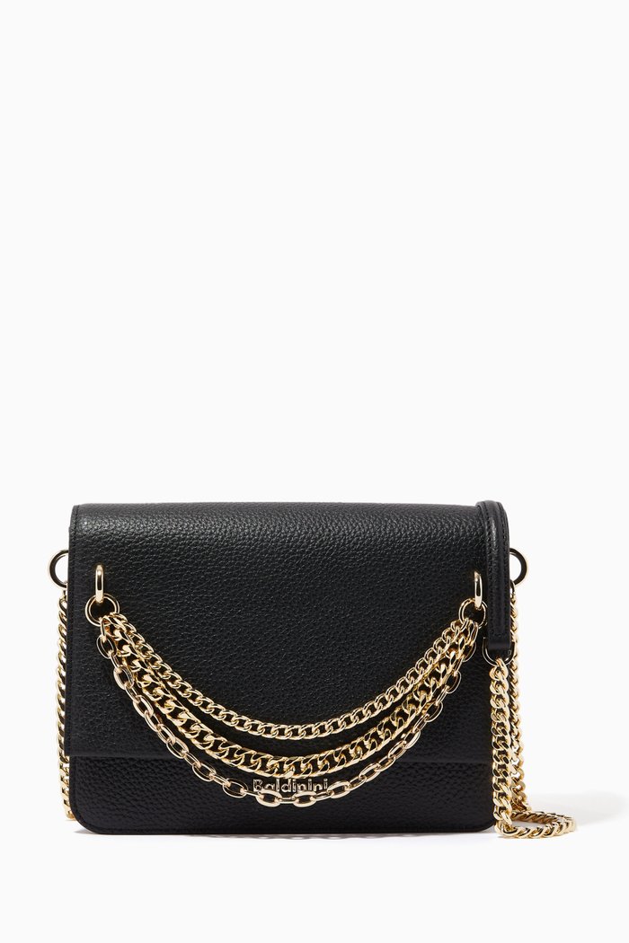 

Chain Trim Shoulder Bag in Leather, Black