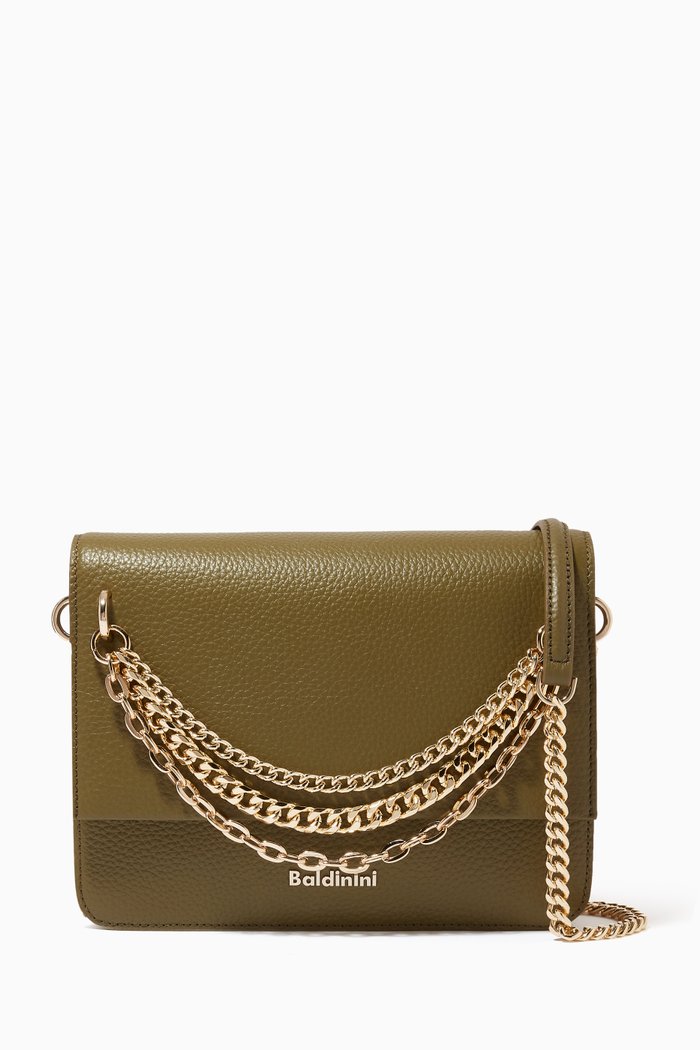 

Chain Trim Shoulder Bag in Leather, Green