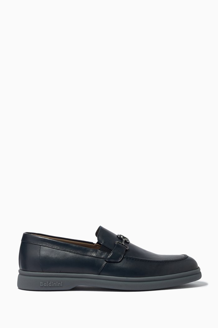 Metallic Logo Loafers in Leather, Blue