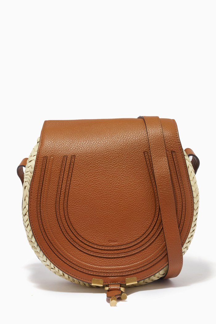 

Marcie Small Crossbody Basket Bag in Raffia & Calfskin, Brown