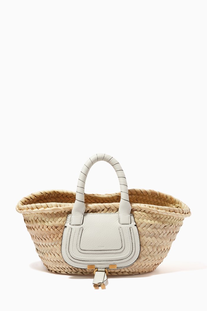 

Mini Marcie Basket Bag in Raffia & Grained Calfskin, White