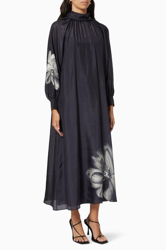 

Floral High-neck Dress in Silk, Black