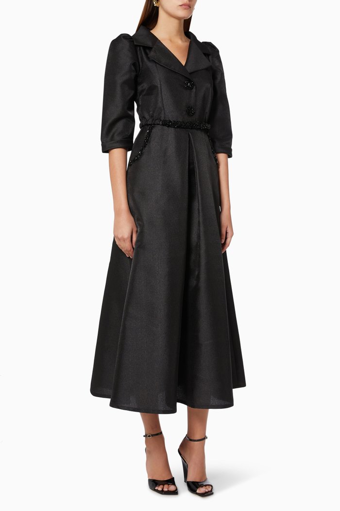 

Crystal Embellished Shirt Dress in Taffeta, Black