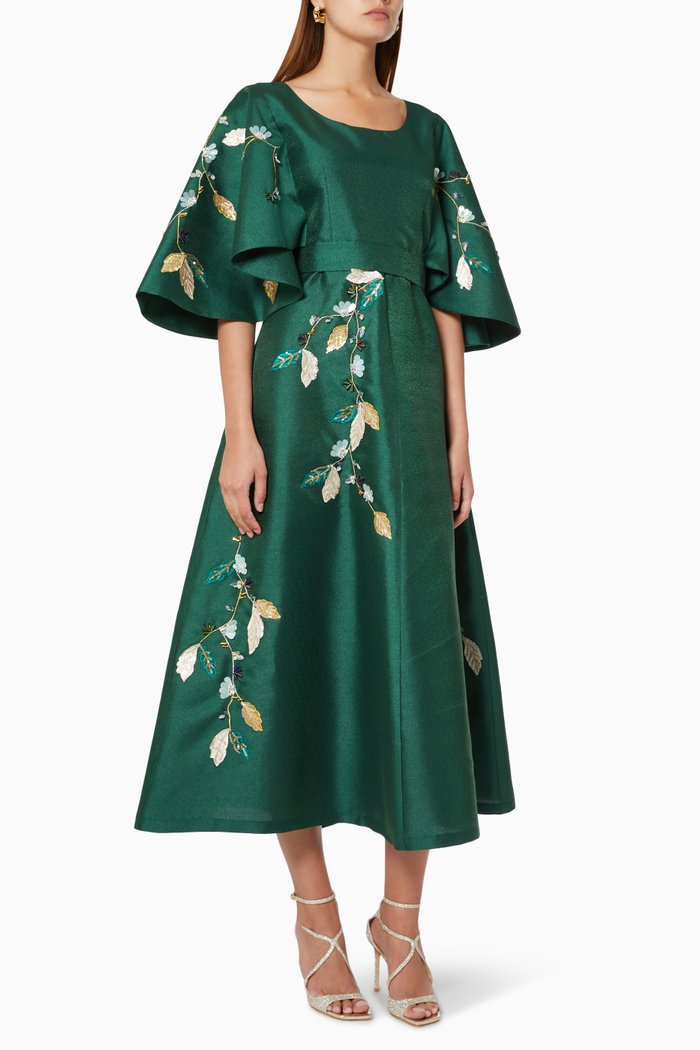 

Embroidered Maxi Dress in Taffeta, Green