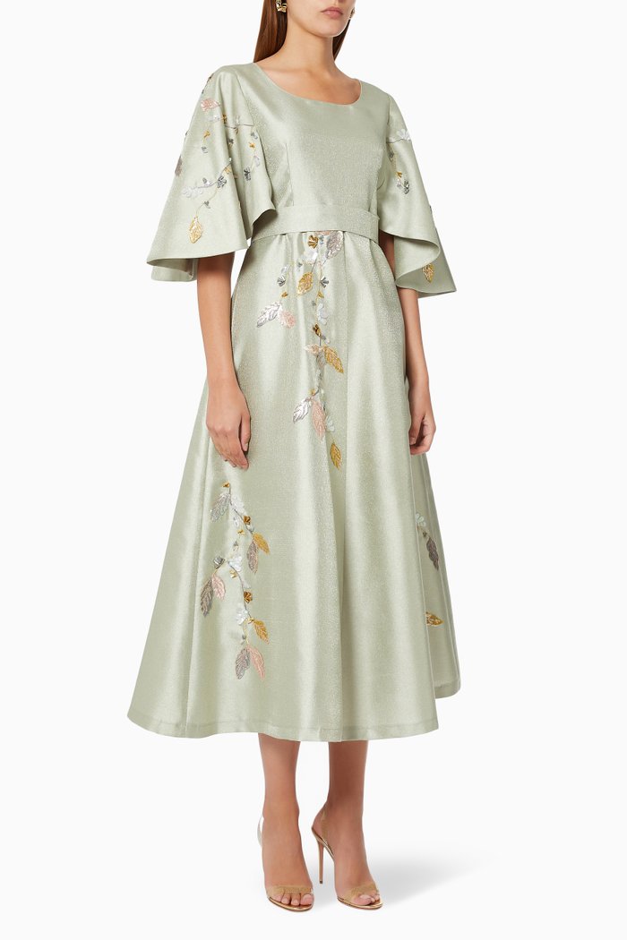 

Embroidered Maxi Dress in Taffeta, Green