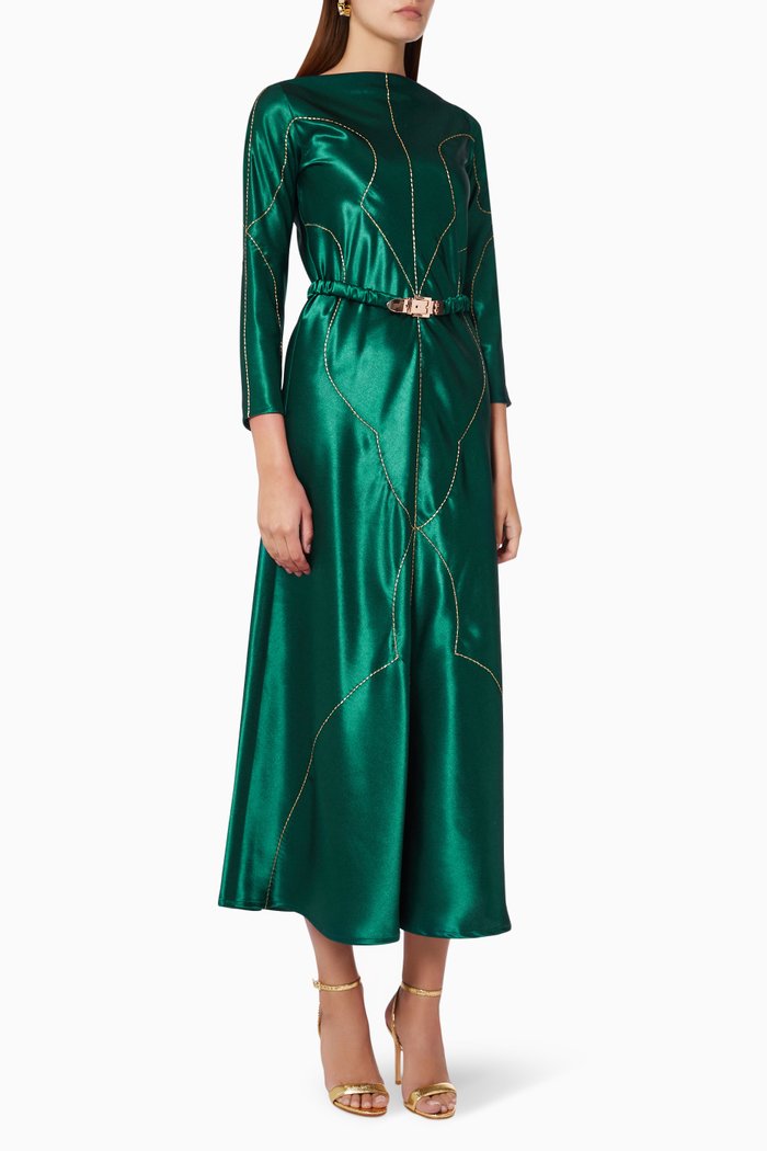 

Embroidered Maxi Dress in Satin, Green
