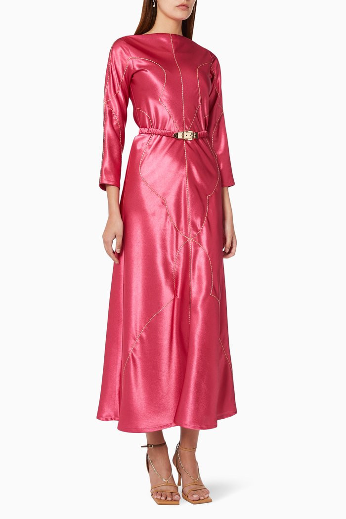 

Embroidered Maxi Dress in Satin, Red