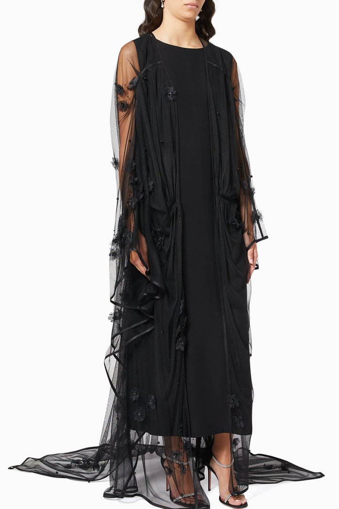 

Embroidered Wedding Abaya in Tulle, Black