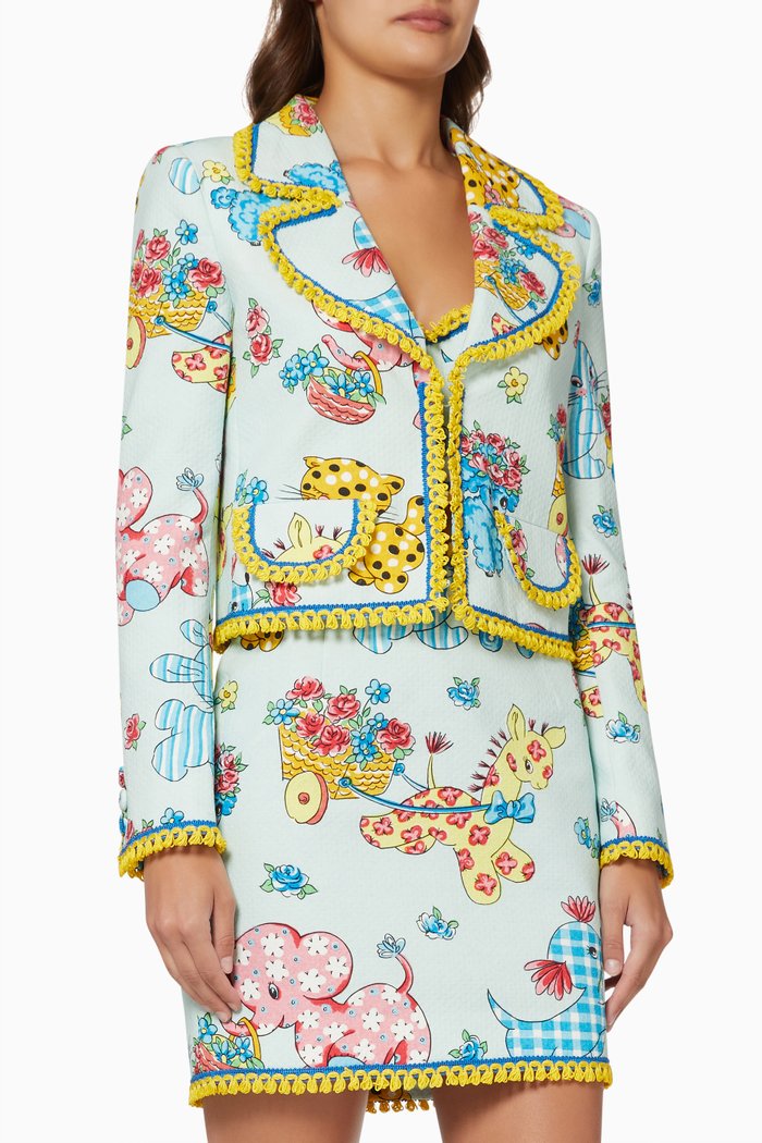 

Floral Blazer Jacket in Textured Crepe, Blue