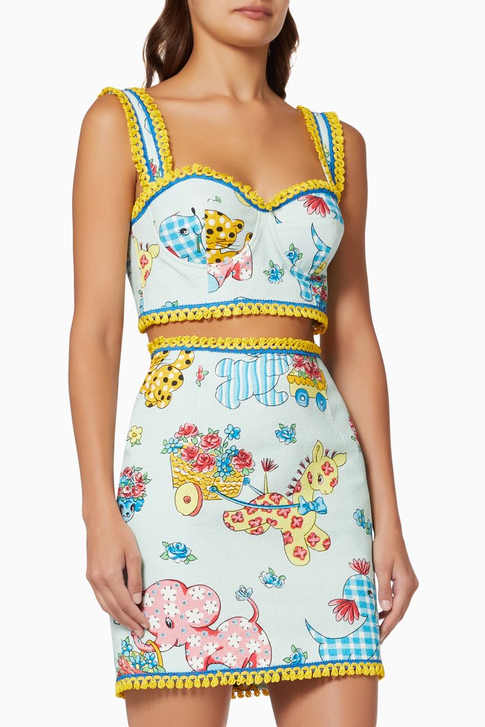 

Floral Blazer Corset Top in Textured Crepe, Blue