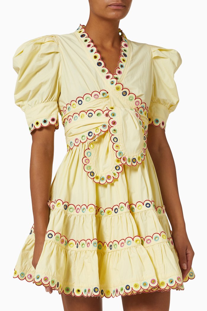 Einar Embroidered Wrap Mini Dress, Yellow
