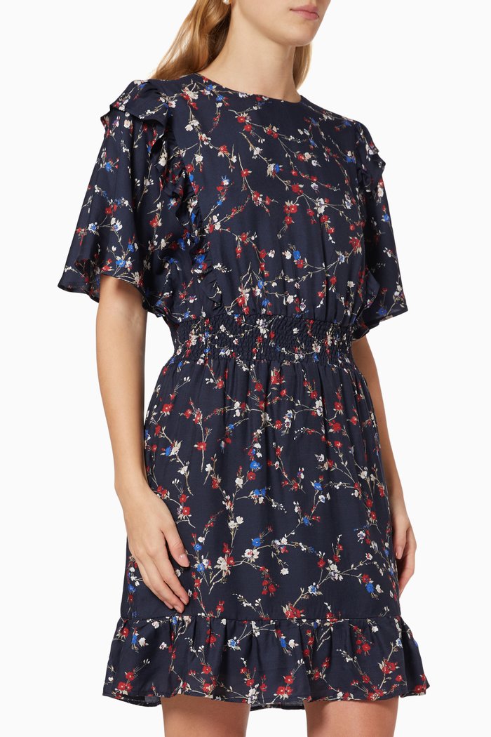 Cherry Blossom Print Dress in Viscose & Silk, Blue